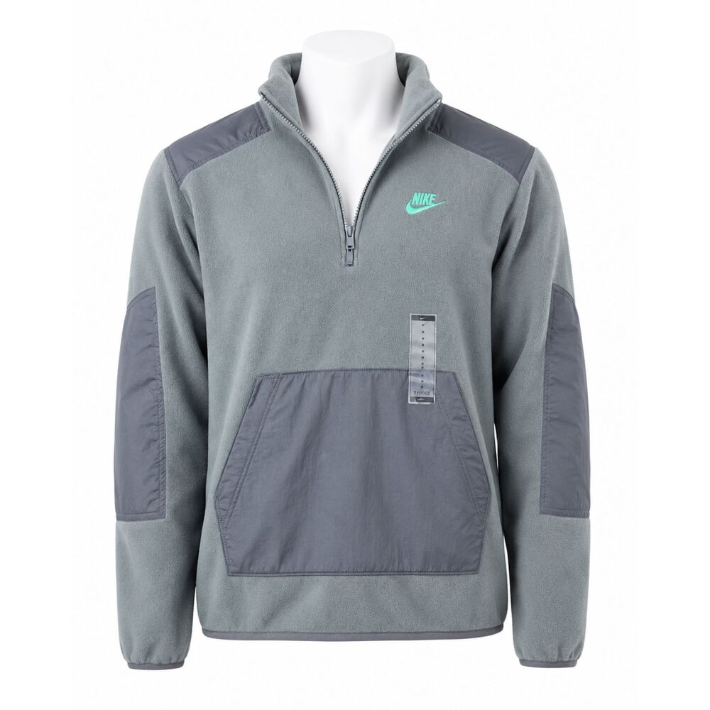 Nike‎ Mens Sportswear Fleece Quarter Zip Pullover Grey Neon Green Logo Small